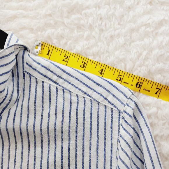 Blouse Size S Navy Linen Button-Up Stripe Preppy Coastal Classic Academia Cruise - Picture 11 of 16